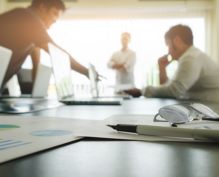 Business Concept With Copy Space. Office Desk Table With Pen Foc